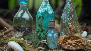 Gravura gerada por Inteligência Artificial. Na imagem sob fundo que indica uma região florestal, há fungos dentro de garrafas de plástico, com a legenda "Aliados poderosos na decomposição de plásticos" na parte superior.