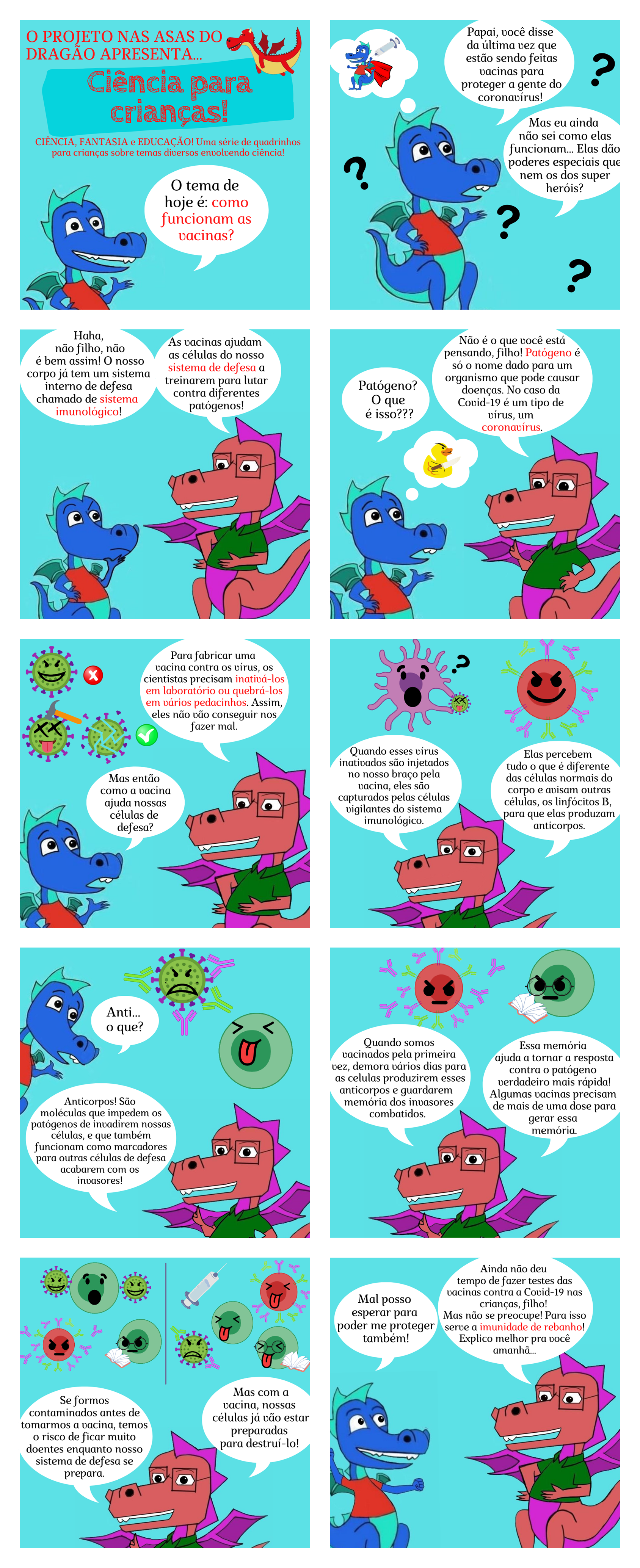 Quadrinhos da série "Ciência para Crianças!", com o tema "Como funcionam as vacinas".
